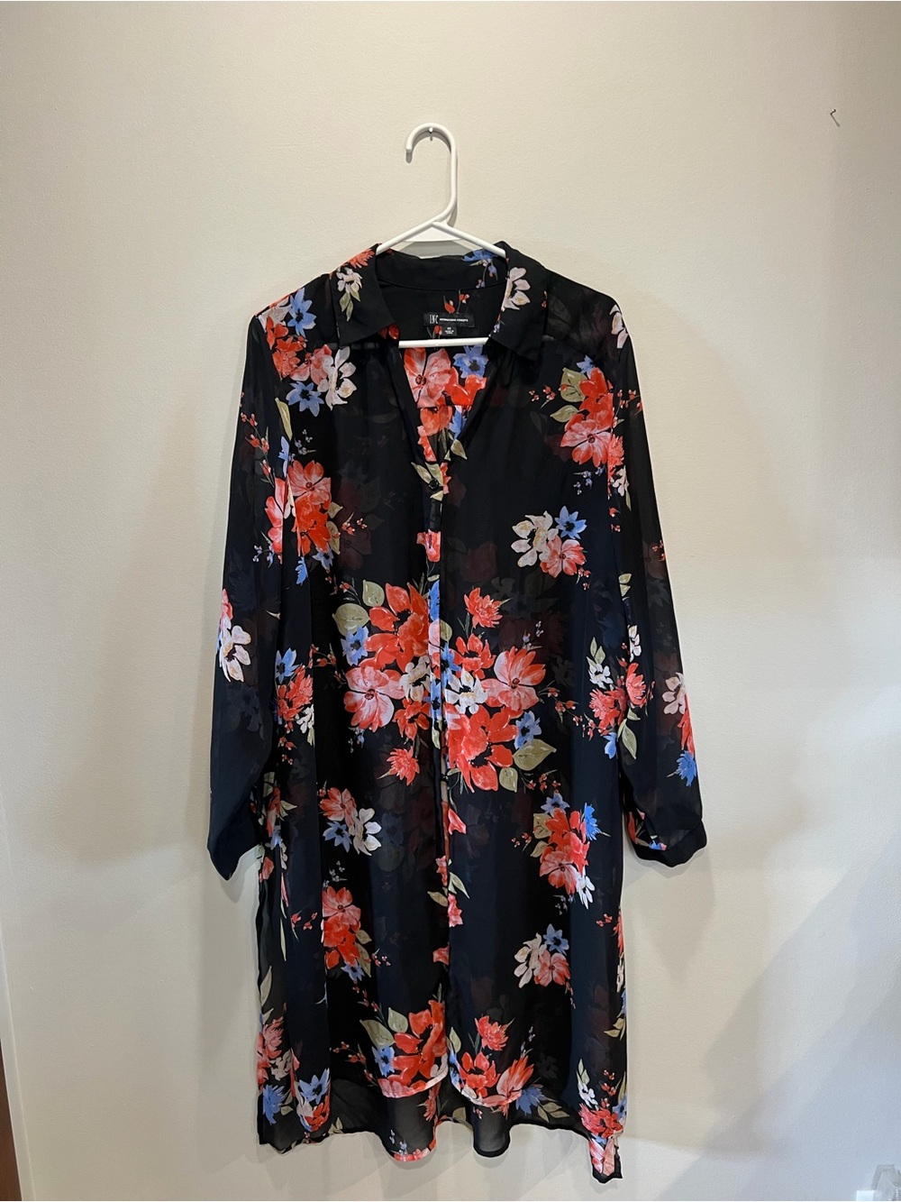 INC International Concepts Black Long-Sleeve Floral Shirt Dress